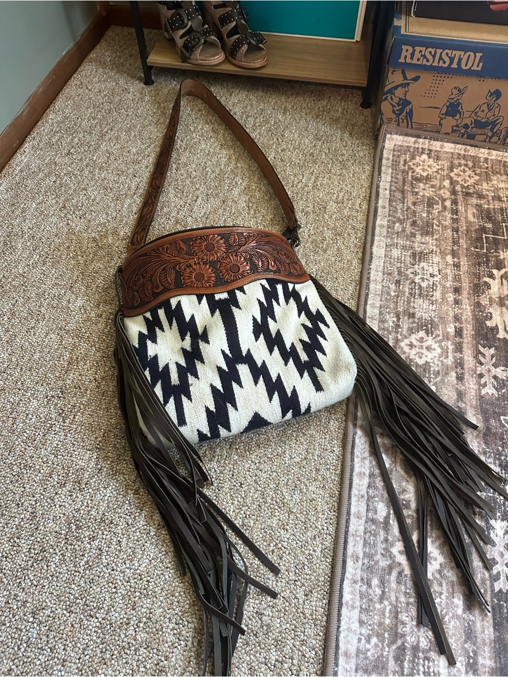 Boho Fringe Crossbody Bag with Southwestern Pattern - Brown & Black